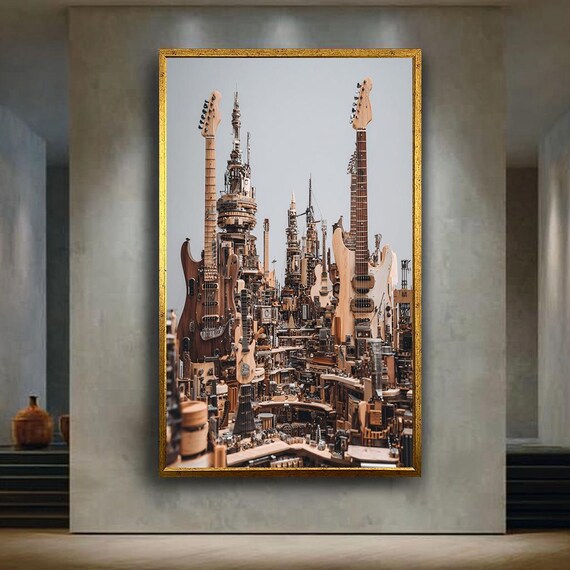 Futuristic City Built From Electric Guitars Music Inspired Wall Art