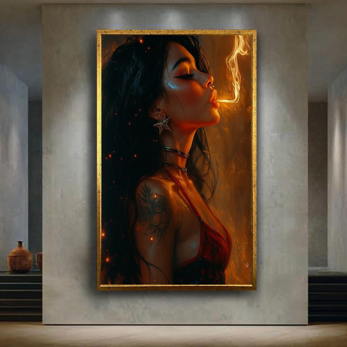 Fiery Tattooed Woman Portrait Smoky Exotic Dark Feminine Art Poster
