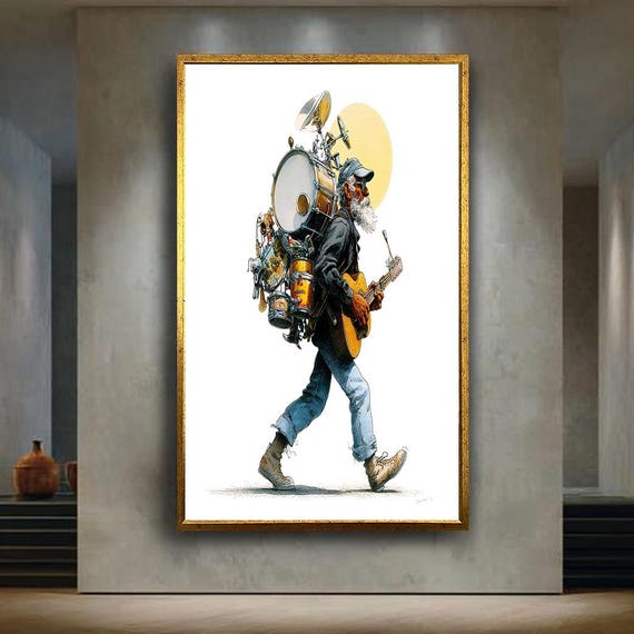 One Man Band Wall Art Canvas Print Vintage Street Musician Illustration For Music Room Decor Quirky Guitar And Drum Artwork Gift