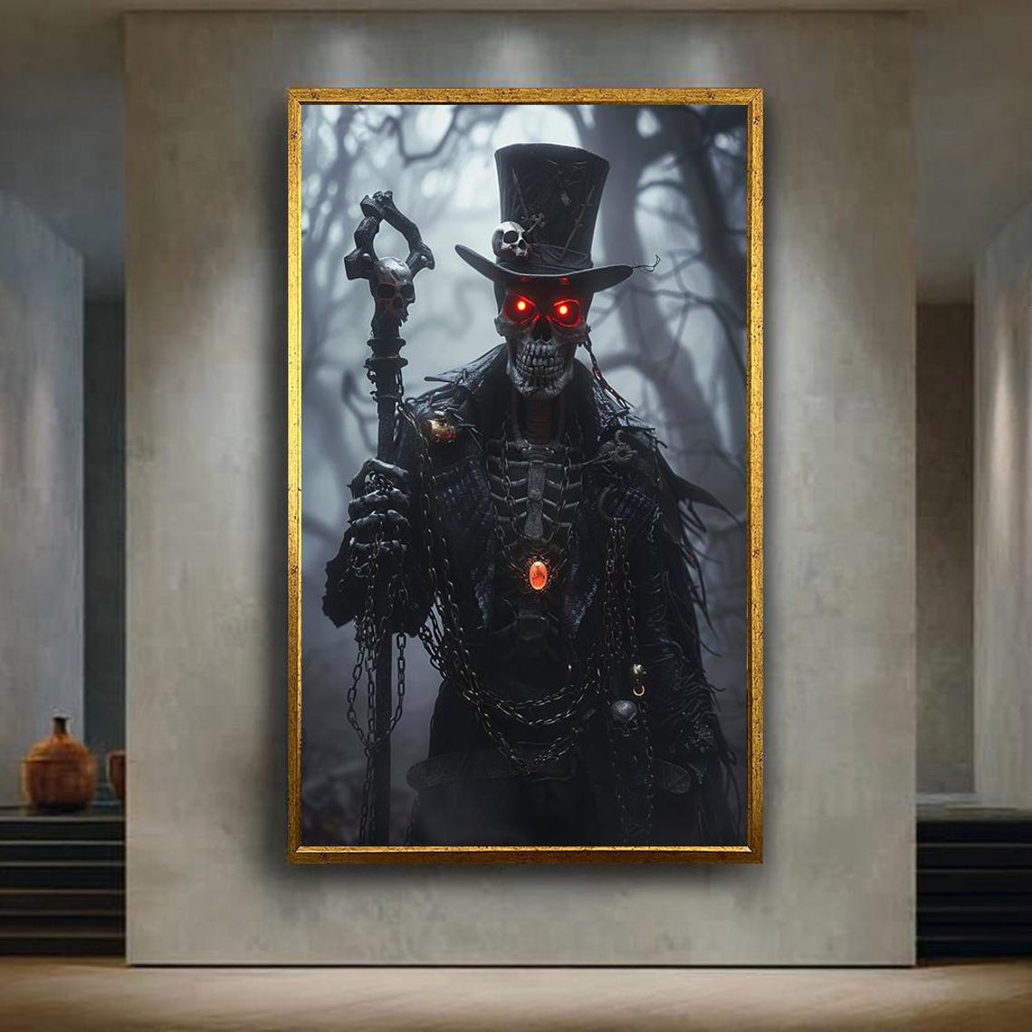 Skeleton Top Hat Sorcerer Red Eyes Skull Staff Dark Gothic Poster