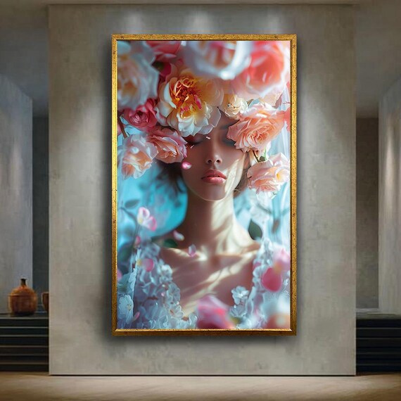 Soft Romantic Floral Woman Portrait Canvas Wall Art Botanical Rose Headpiece Artwork For Home Decor Bohemian Gift Lovers