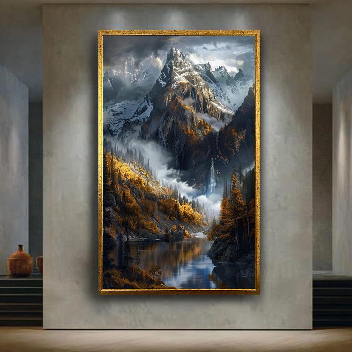 Snowy Mountain Peak Waterfall Alpine Lake Autumn Gold Forest Print