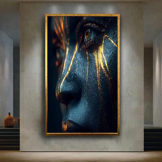 Black And Gold Face Canvas Wall Art Abstract Closeup Portrait With Metallic Lines Modern Luxury Print For Elegant Home Decor