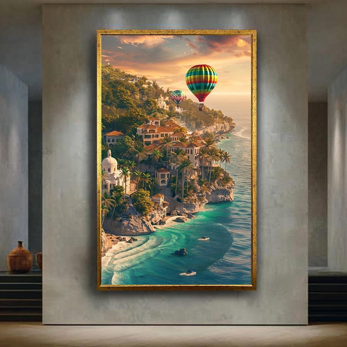 Hot Air Balloon Sunset Over Tropical Coastal Cliffside Village Poster