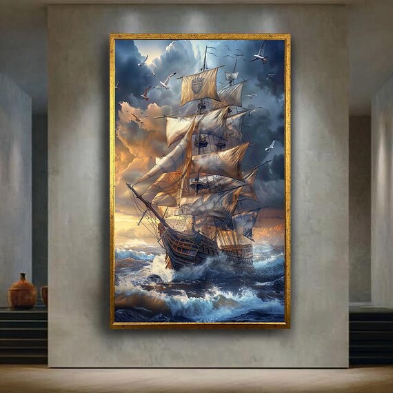 Tall Sailing Ship on Stormy Ocean Waves Nautical Adventure Wall Art