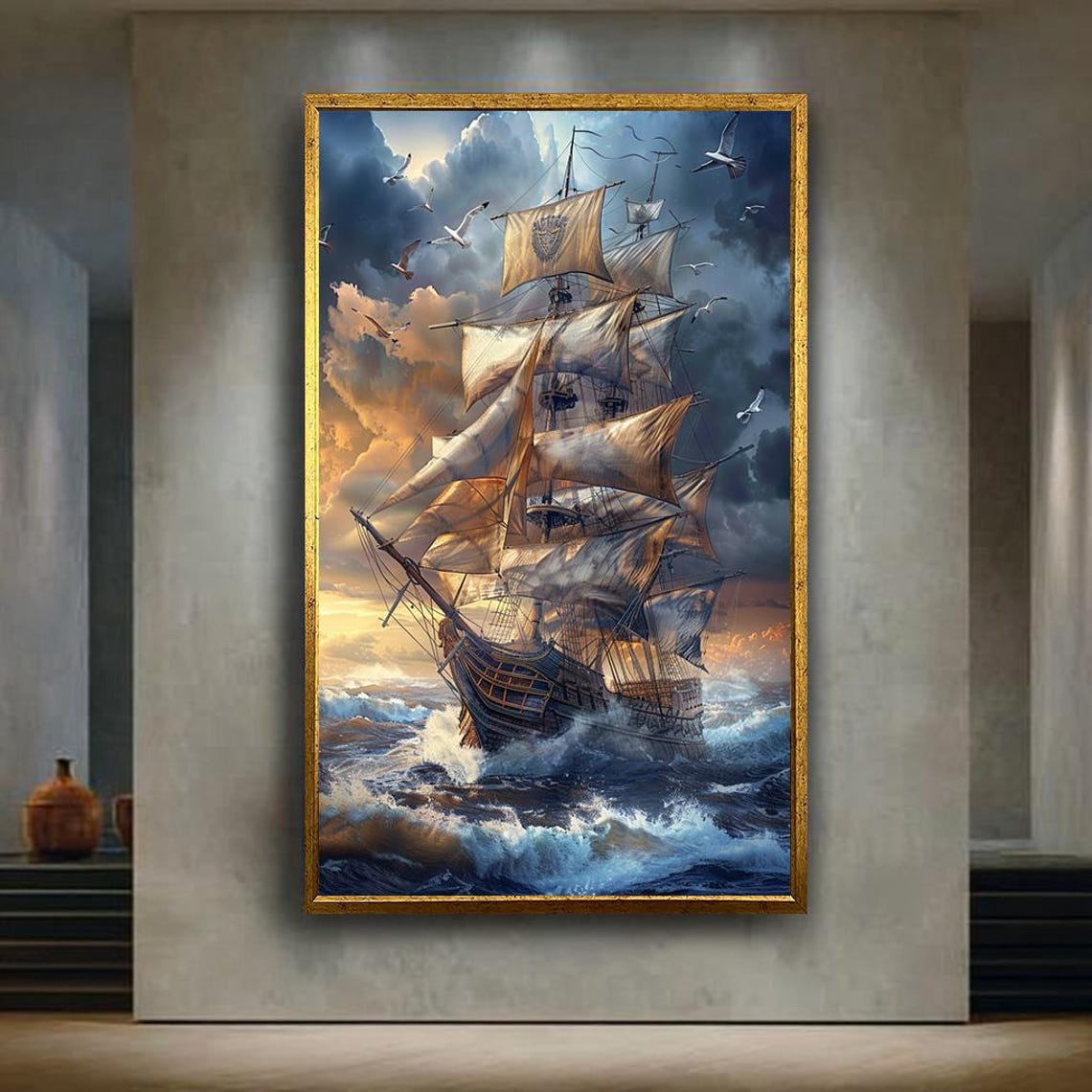 Tall Sailing Ship on Stormy Ocean Waves Nautical Adventure Wall Art