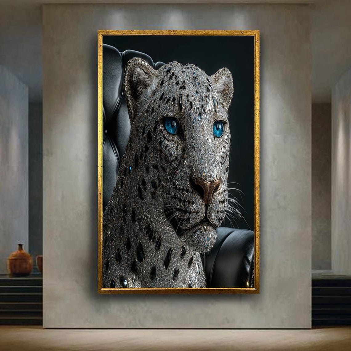 Luxury Diamond Leopard Canvas Wall Art With Blue Eyes Glam Animal Portrait For Elegant Interior Decor Crystal Panther Print Artwork