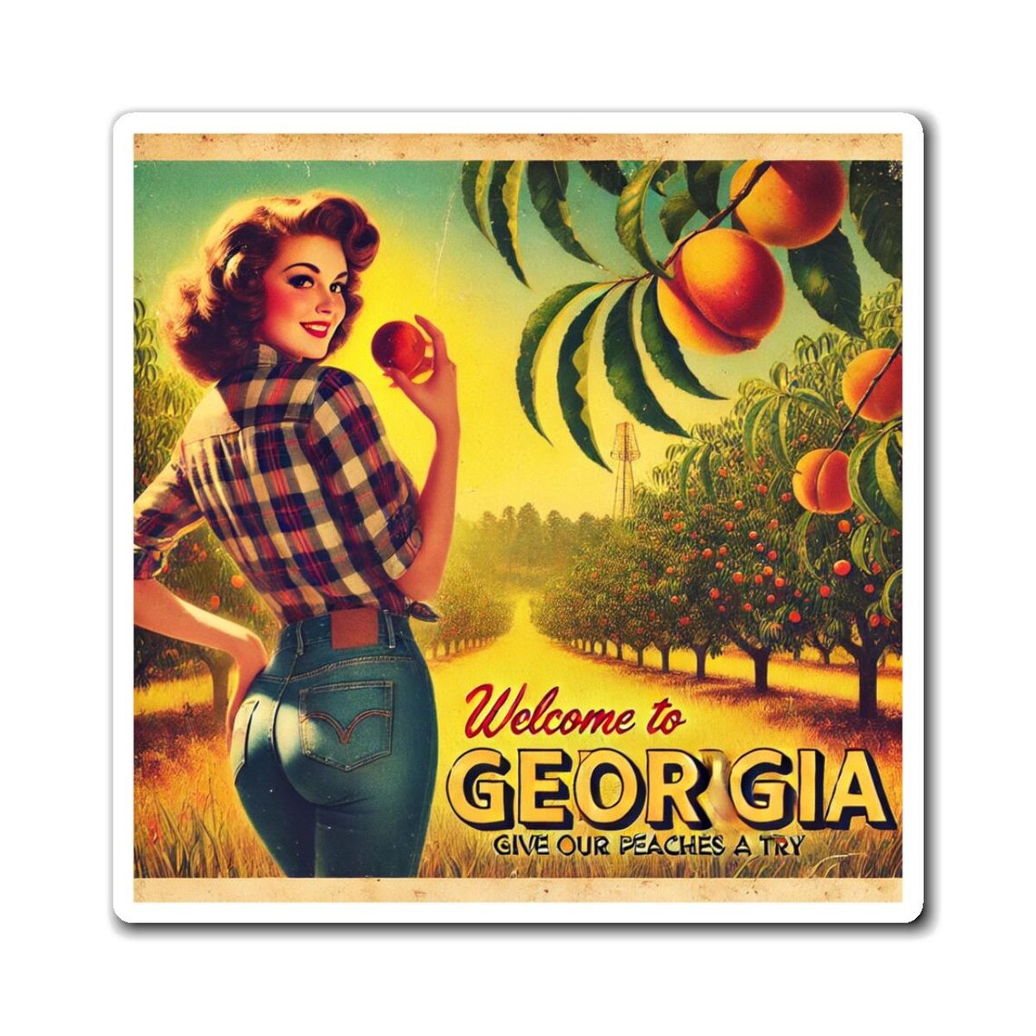 Welcome To Georgia Peach Orchard Pin Up Girl Vintage Magnet Print