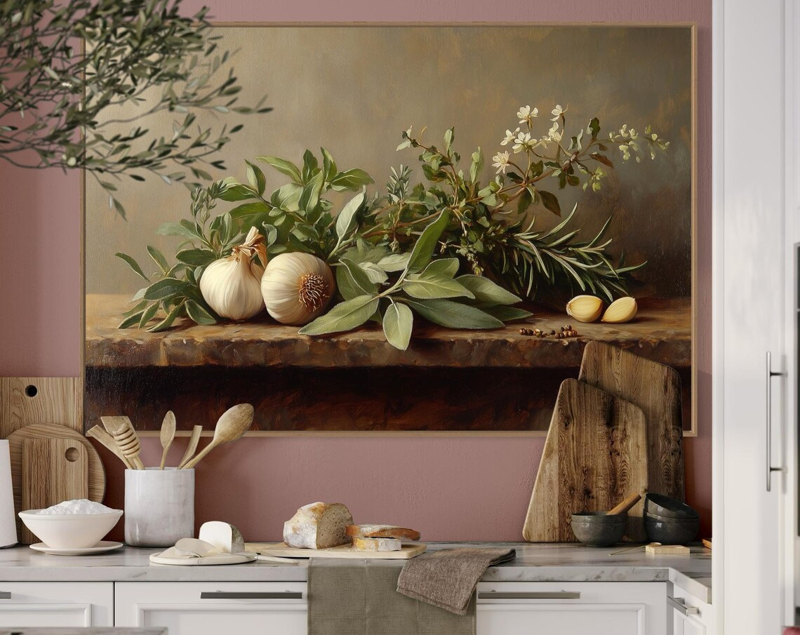 Rustic Herb Still Life, Rustic Kitchen Art Print