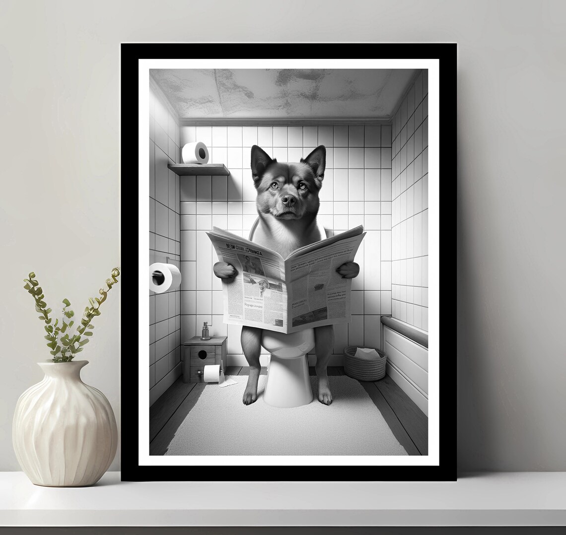 Shiba Inu Dog Reading Newspaper on Toilet Funny Bathroom Art Poster