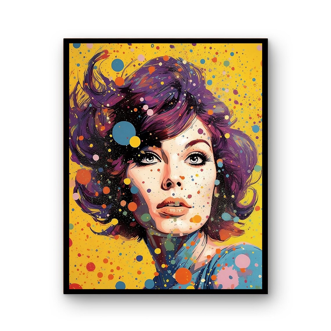 Pop Art Woman With Purple Hair Colorful Dots on Yellow Poster