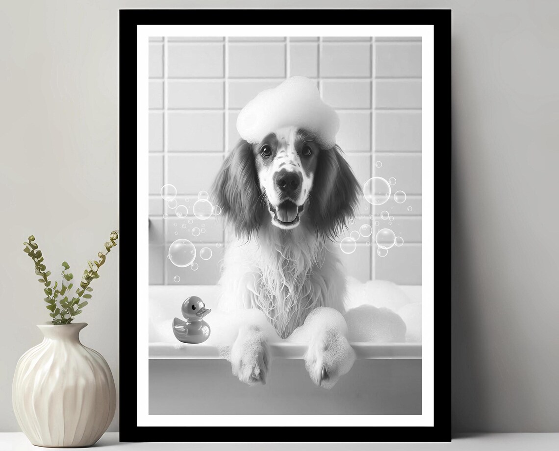 English Setter Wall Art Funny Bathroom Decor Pet Portrait Dog Gift In Bubble Bath