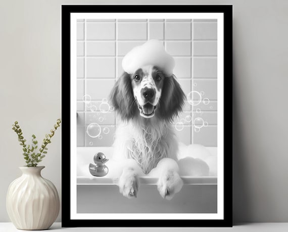 English Setter Wall Art Funny Bathroom Decor Pet Portrait Dog Gift In Bubble Bath