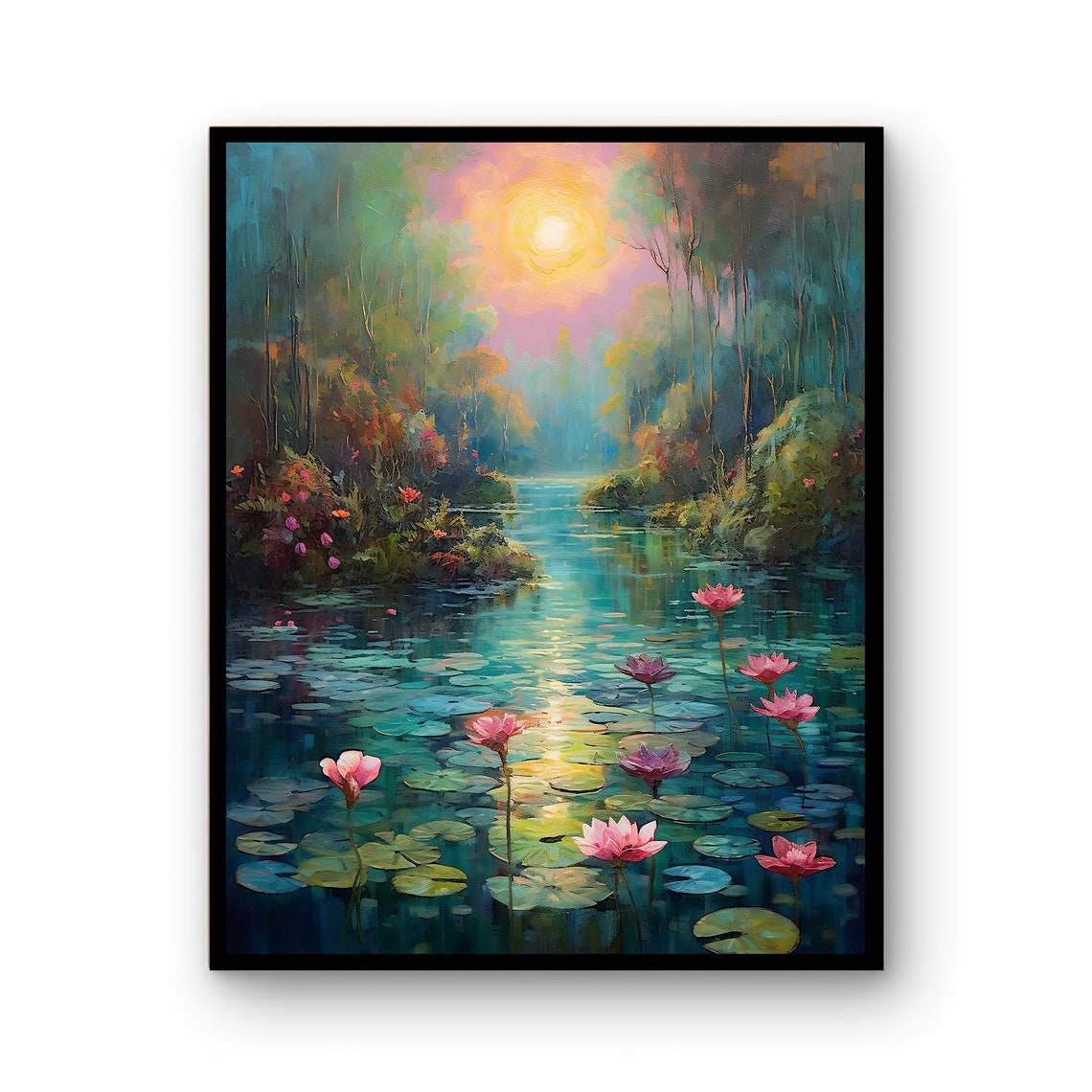 Water Lily Pond Golden Sunset Impressionist Floral Nature Poster