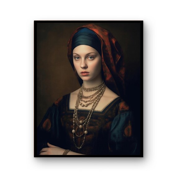 Renaissance Style Woman With Blue Headscarf and Pearls Portrait Poster