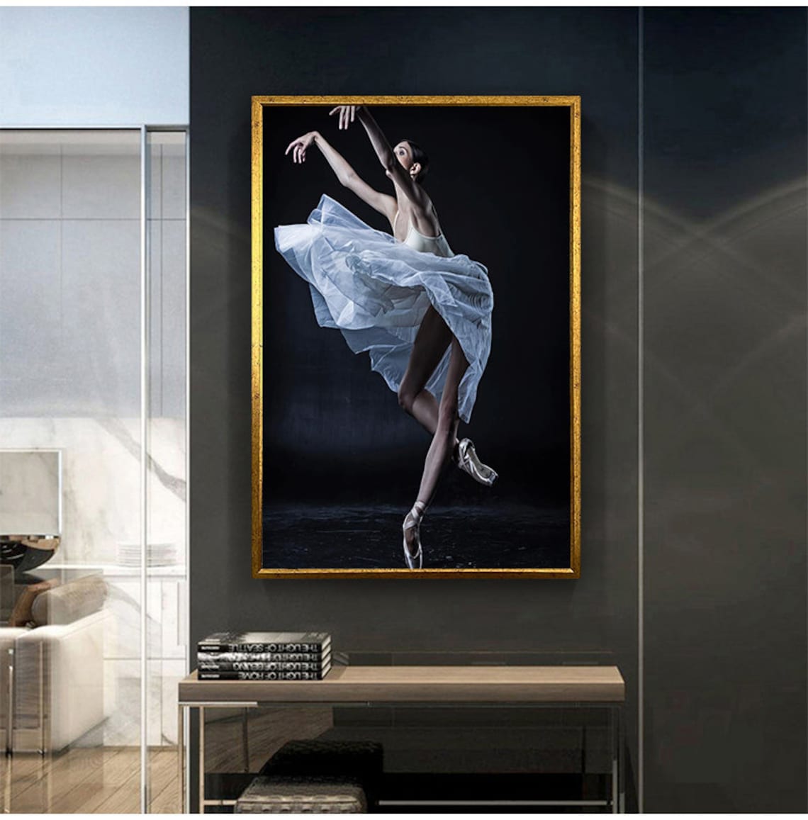Ballerina In White Dress Mid Leap Dark Background Dance Art Poster - Image 3