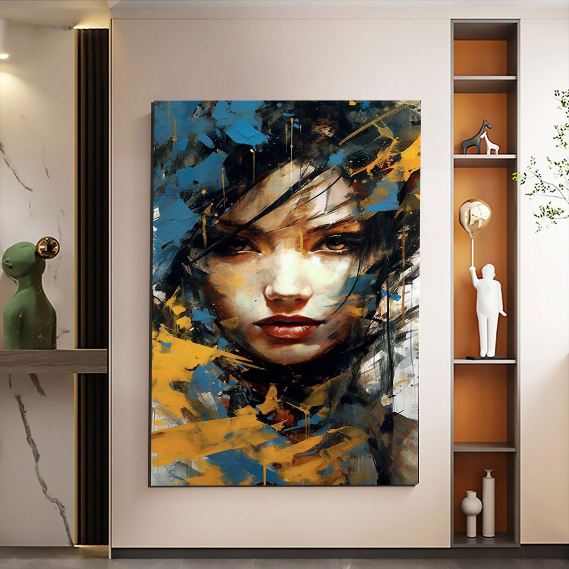 Abstract Woman Portrait Blue Gold Bold Brushstrokes Modern Art Print - Image 4