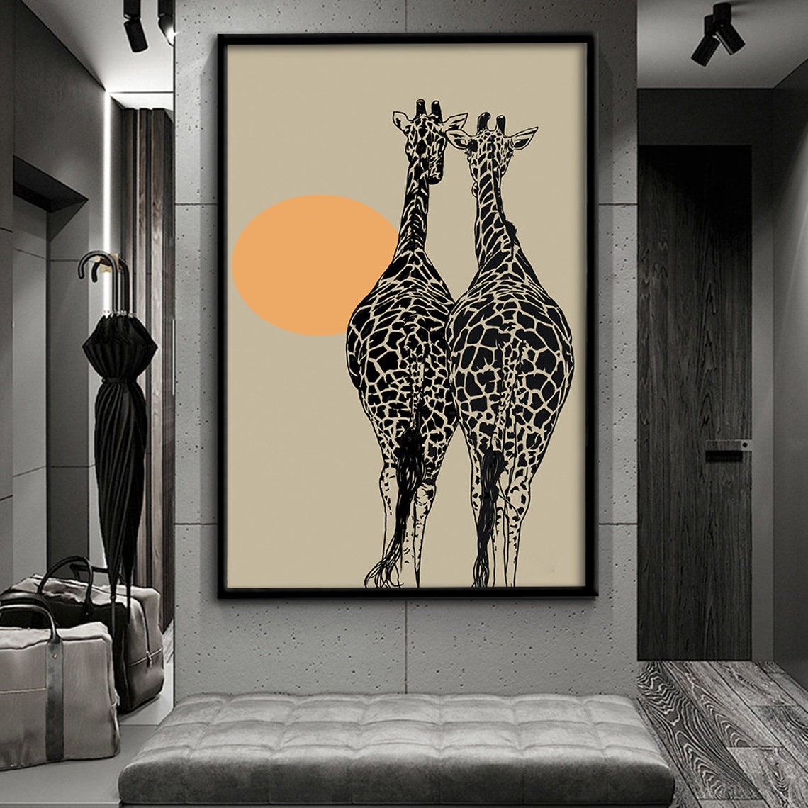 Two Giraffes Minimalist Line Art Orange Sun Boho Animal Wall Poster - Image 4