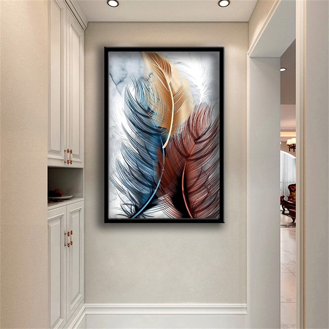 Colorful Feathers Blue Gold Rust Elegant Botanical Modern Art Poster - Image 2