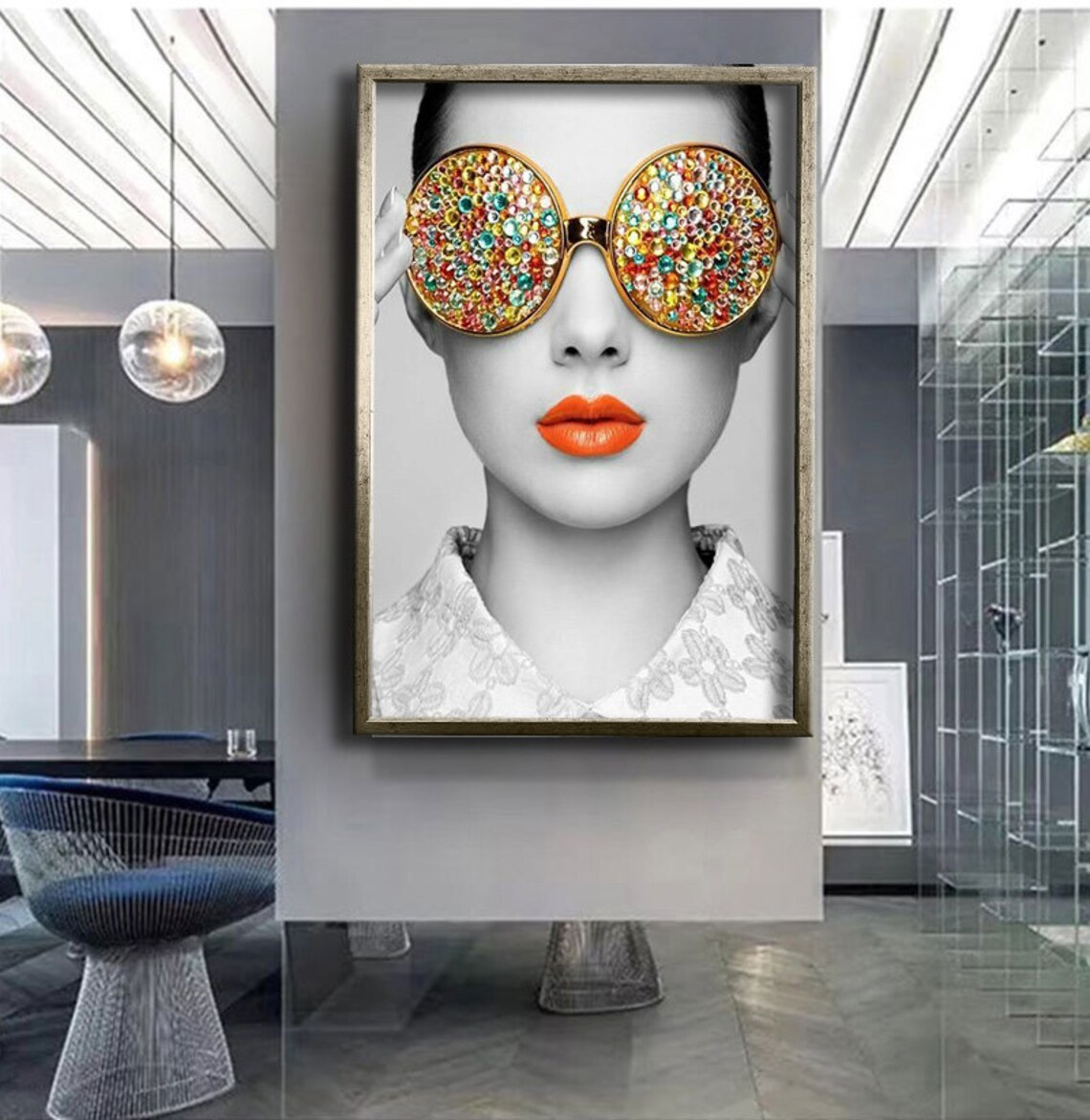 Woman Glitter Sunglasses Orange Lips Black White Fashion Wall Poster - Image 4