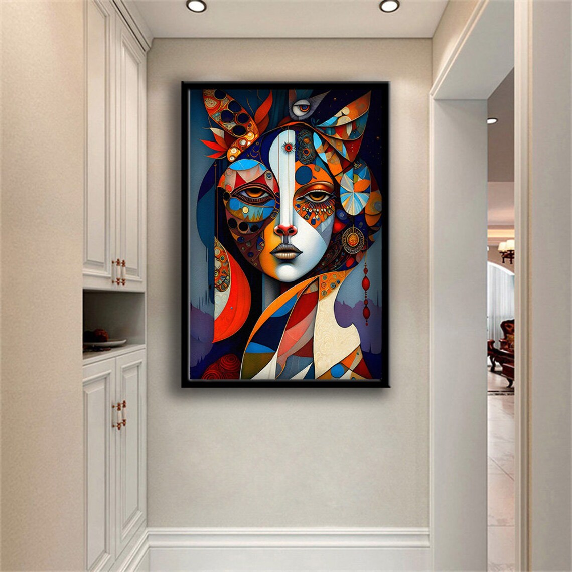 Cubist Woman Face Colorful Abstract Portrait Blue Orange Mosaic Art Poster - Image 2