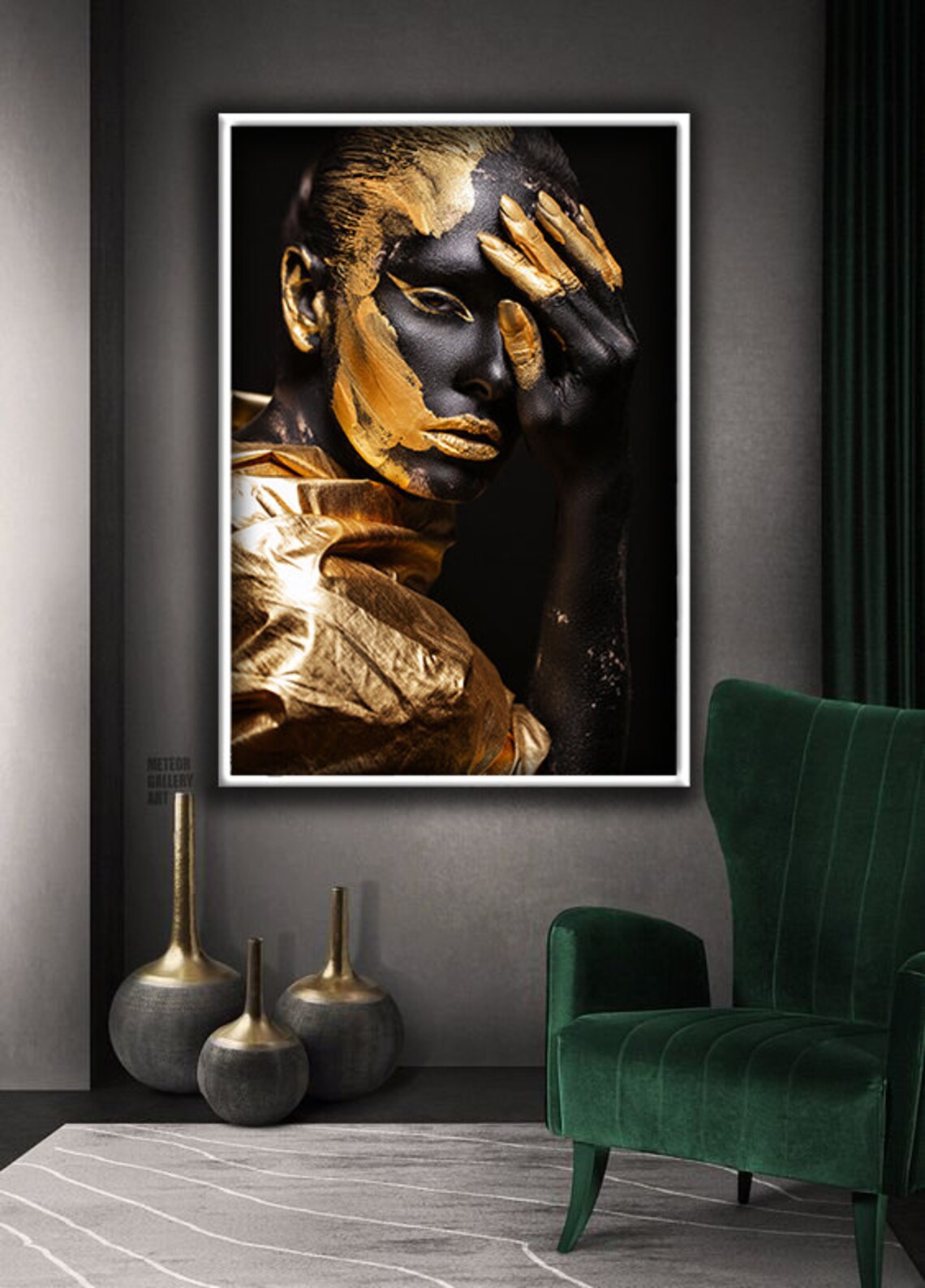 Golden Black Painted Woman Portrait Hand On Face Elegant Art Poster - Image 3