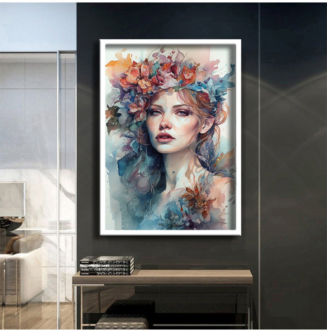 Watercolor Woman Floral Crown Dreamy Botanical Portrait Poster - Image 3