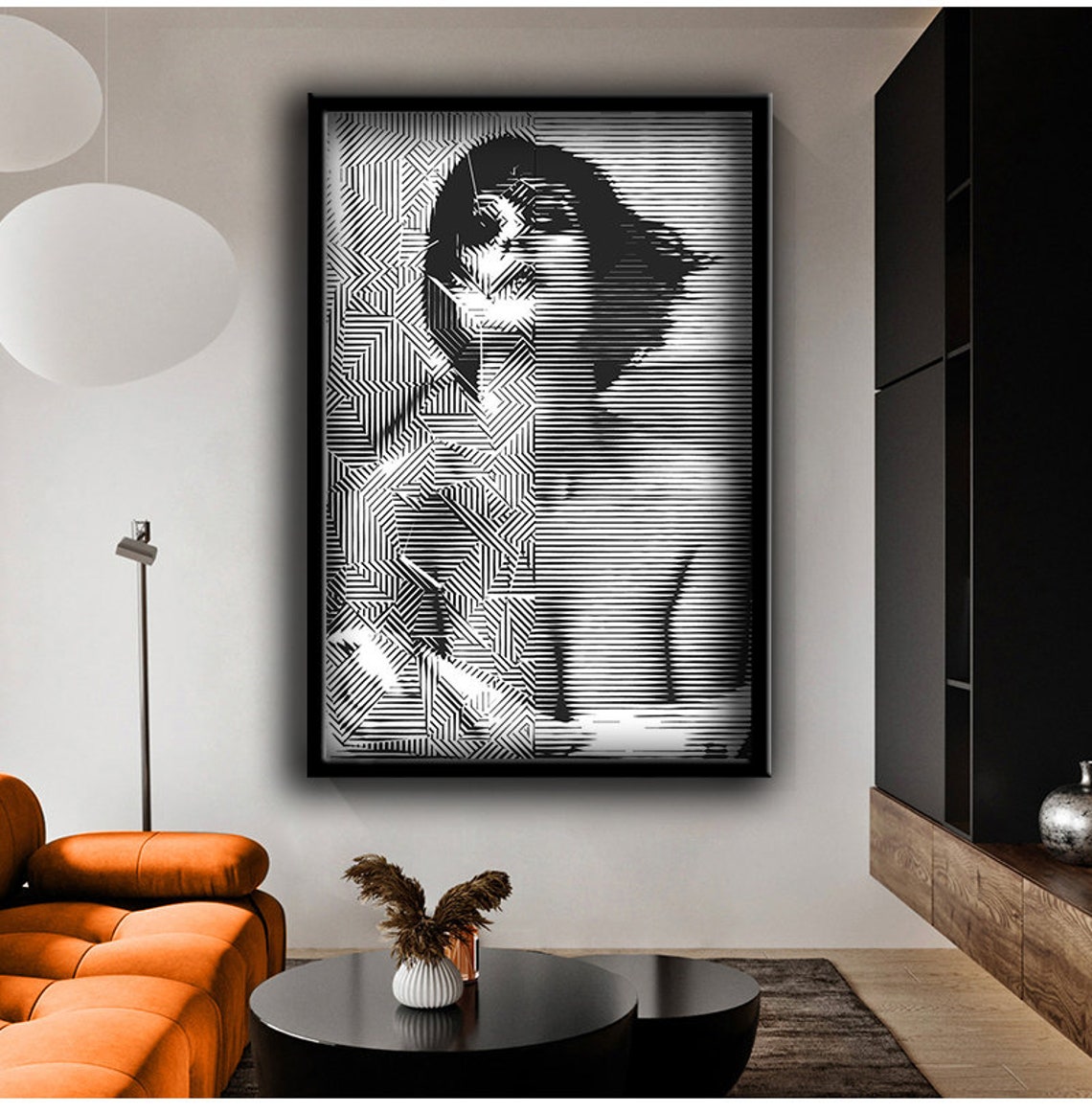 Woman Portrait Geometric Line Art Black White Optical Illusion Poster - Image 2