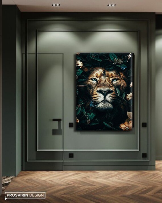 Lion Face Emerging Dark Jungle Leaves Flowers Dramatic Wildlife Portrait Poster