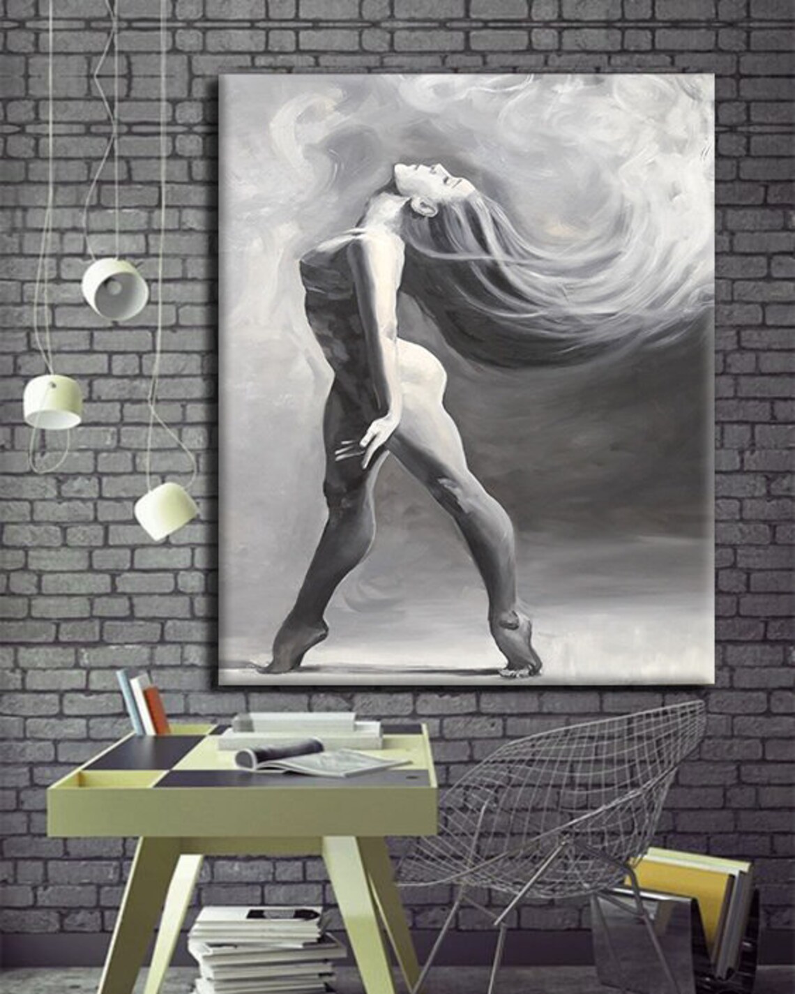 Black And White Nude Woman Dancing Flowing Hair Monochrome Art Painting Poster - Image 4