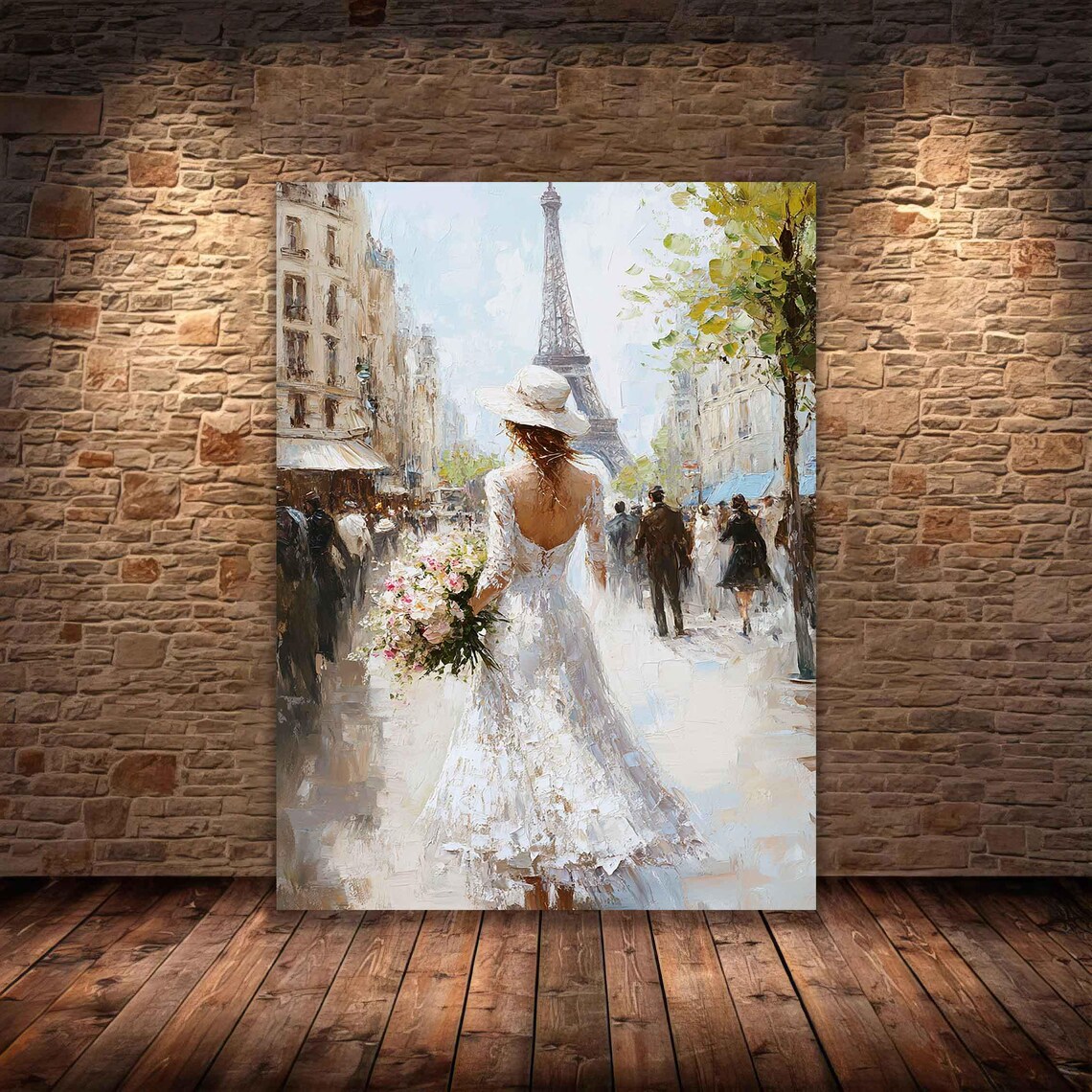 Bride in White Dress Paris Street Eiffel Tower Romantic Oil Poster - Image 2
