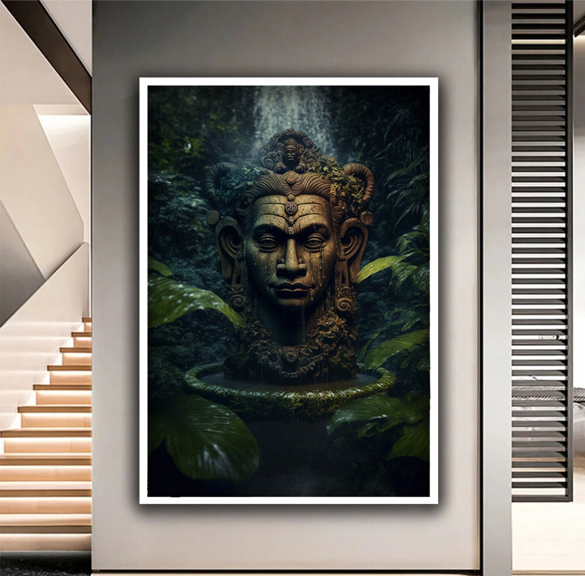Ancient Mossy Stone Temple Statue Head Jungle Waterfall Mystic Poster - Image 3