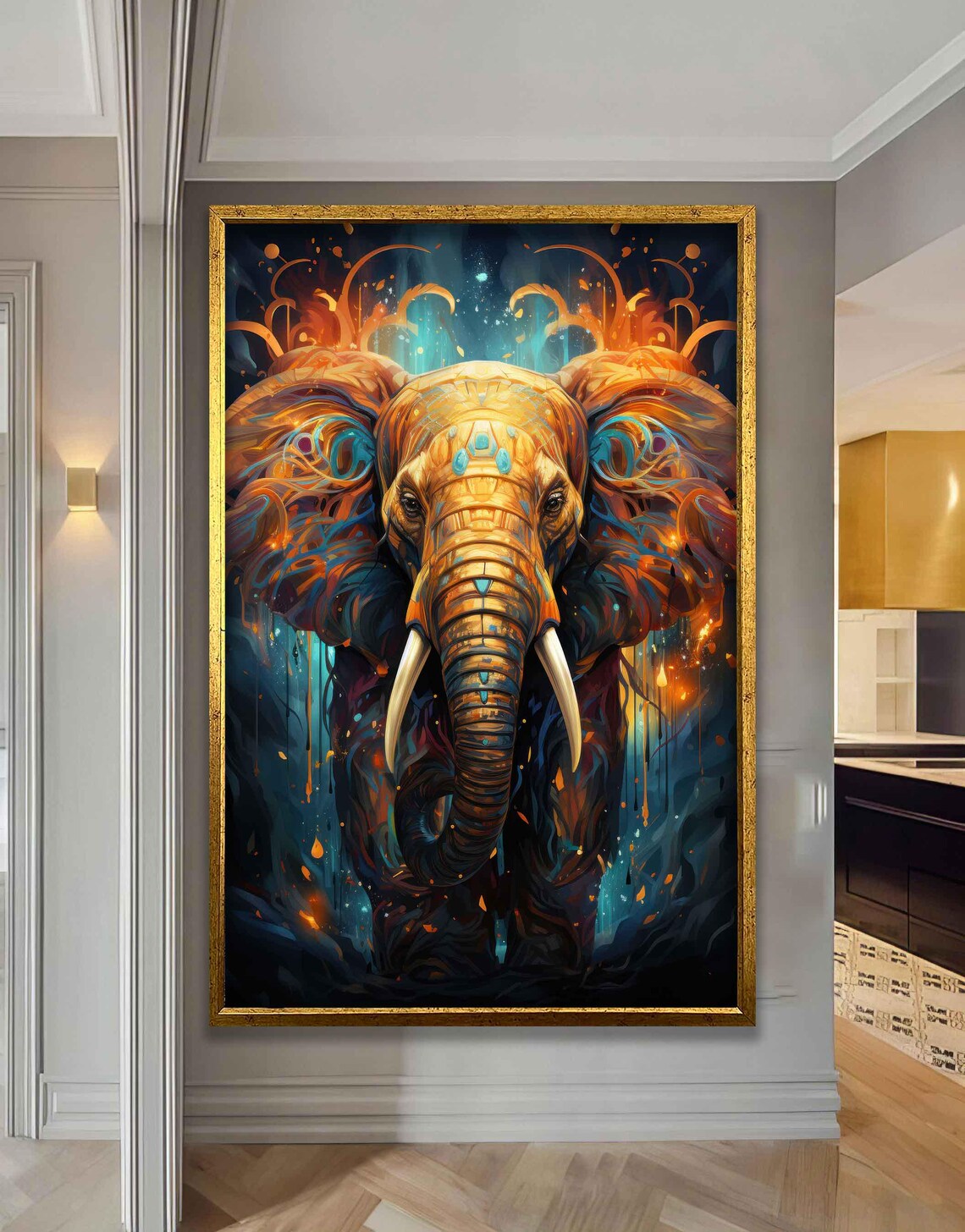 Golden Elephant Portrait Fiery Orange Teal Cosmic Abstract Animal Art Poster - Image 2