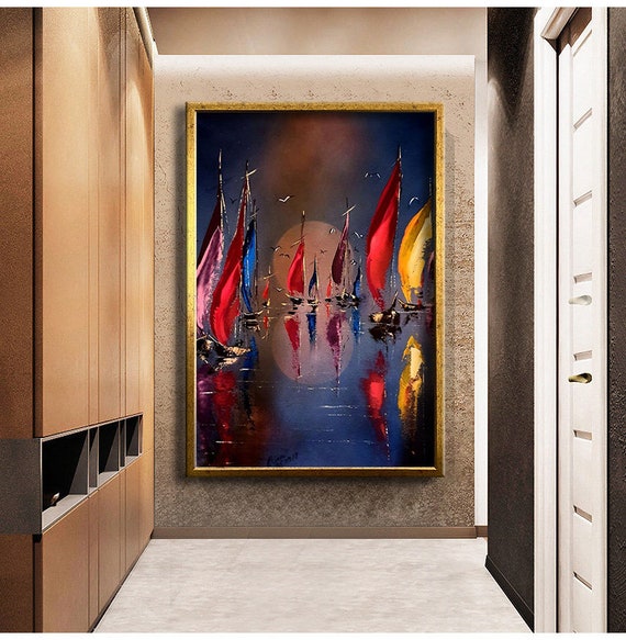 Sailing Ships And Full Moon Abstract Design Print Wall Decor Moon And Seascape Painting Ready To Hang Wall Painting Homeoffice Art