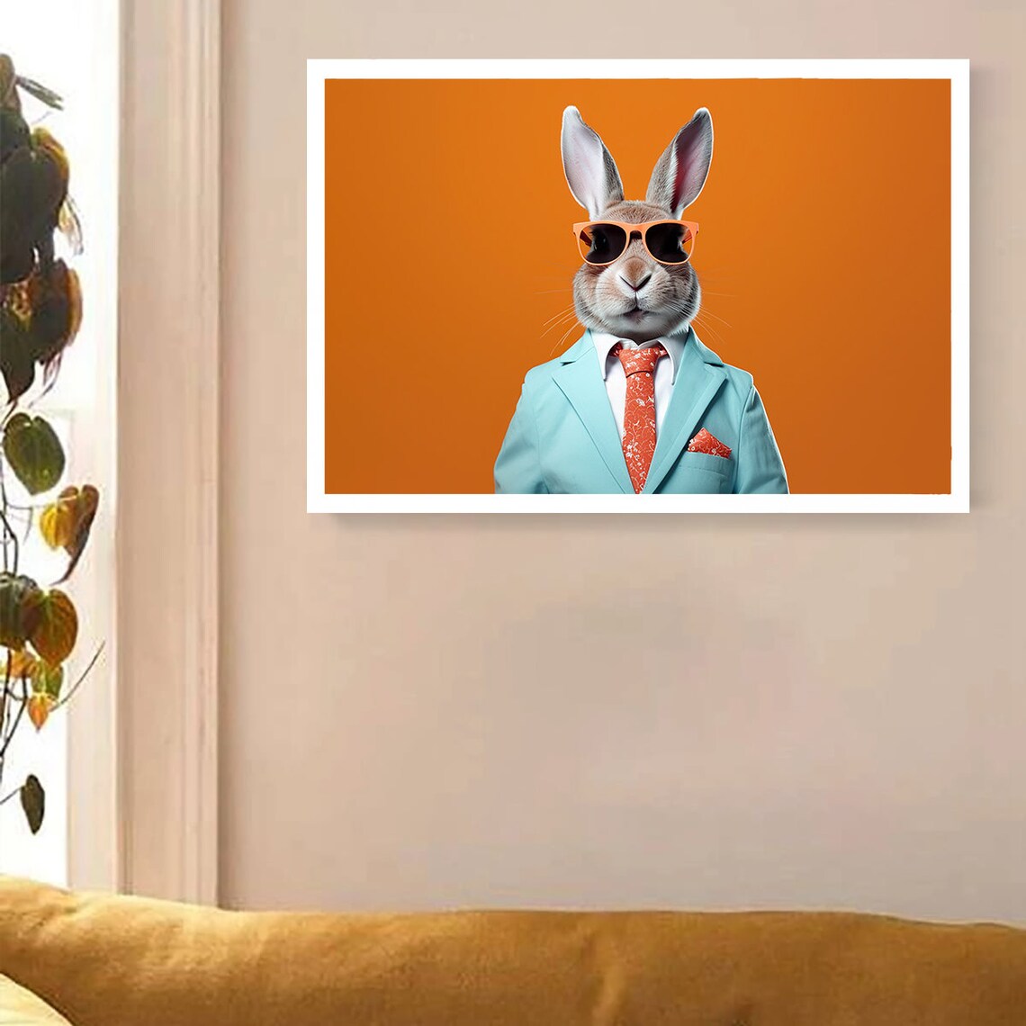 Funny Rabbit In Sunglasses Teal Suit Orange Background Business Bunny Art Poster - Image 3
