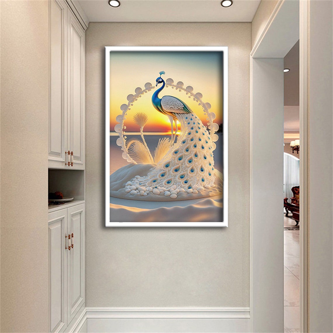 White Peacock Fan Tail Sunset Majestic Elegant Bird Art Poster - Image 2