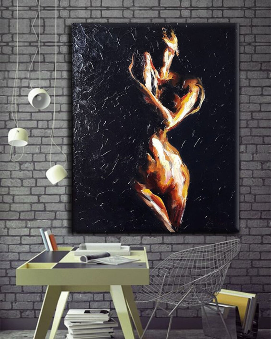 Fiery Nude Woman Dancing Flame Body Paint Black Background Modern Art Poster - Image 4