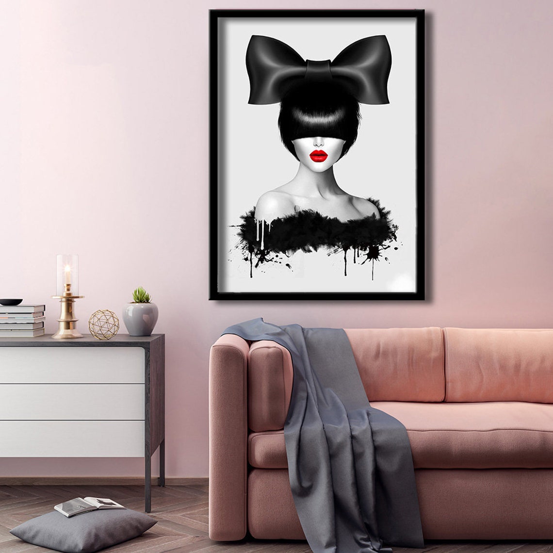 Black White Woman Big Bow Portrait Red Lips Fashion Art Wall Poster - Image 3