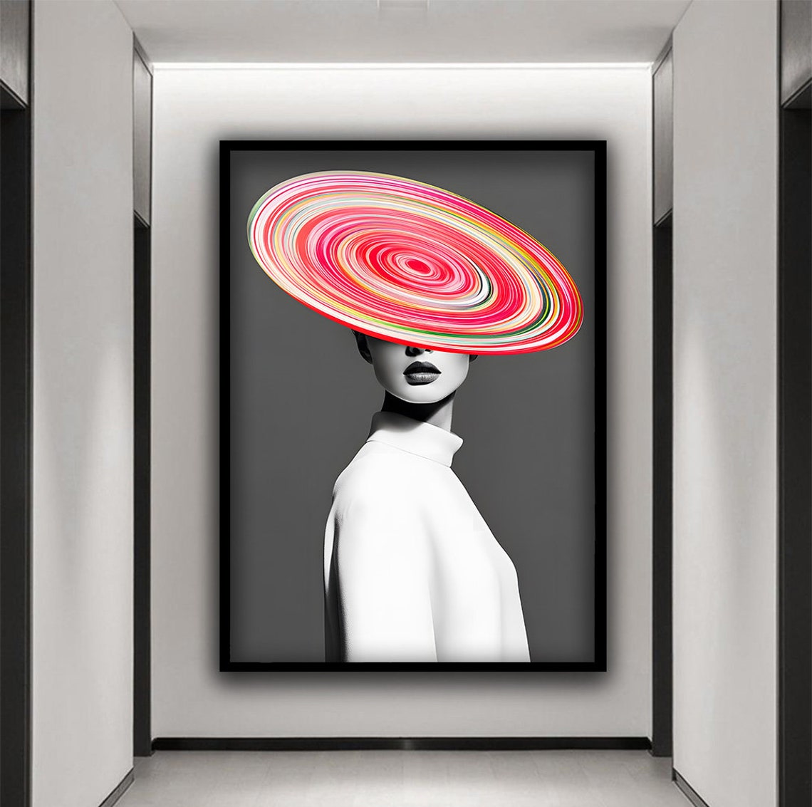 Fashion Woman With Colorful Spiral Rainbow Hat Black White Chic Poster - Image 4
