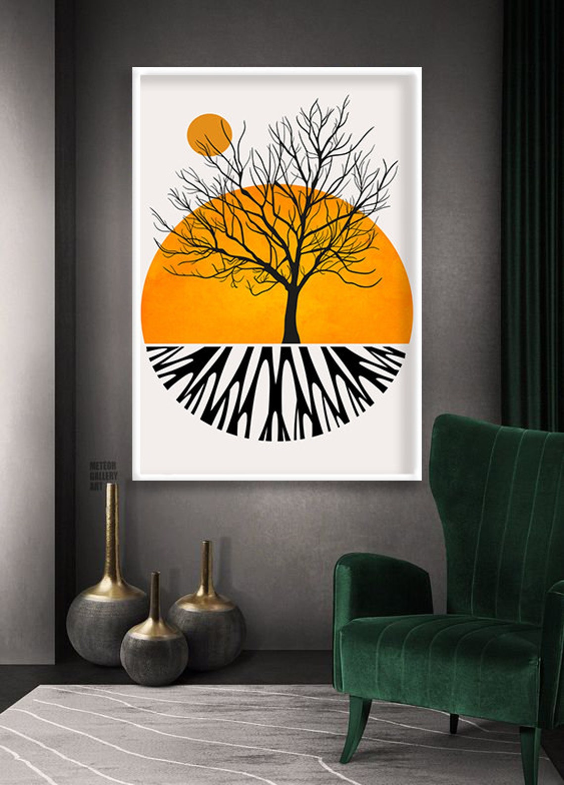 Minimalist Black Tree Orange Sun Abstract Roots Modern Art Poster - Image 2