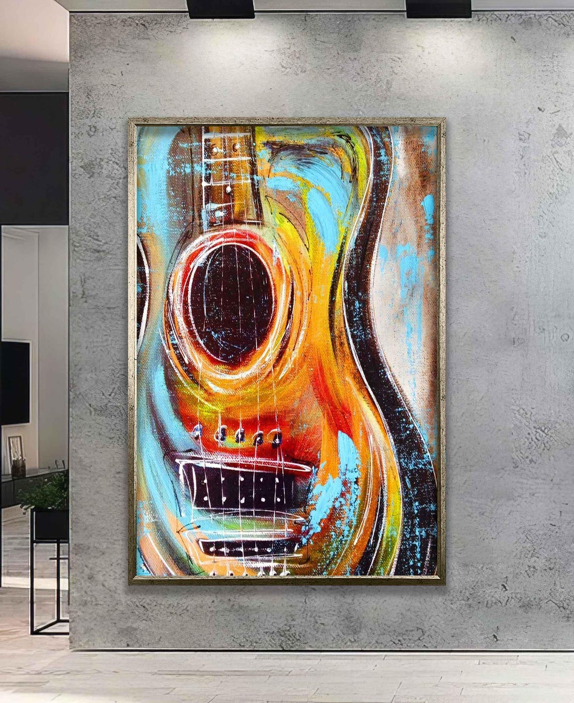 Colorful Abstract Guitar Close Up Teal Orange Music Room Wall Poster - Image 2