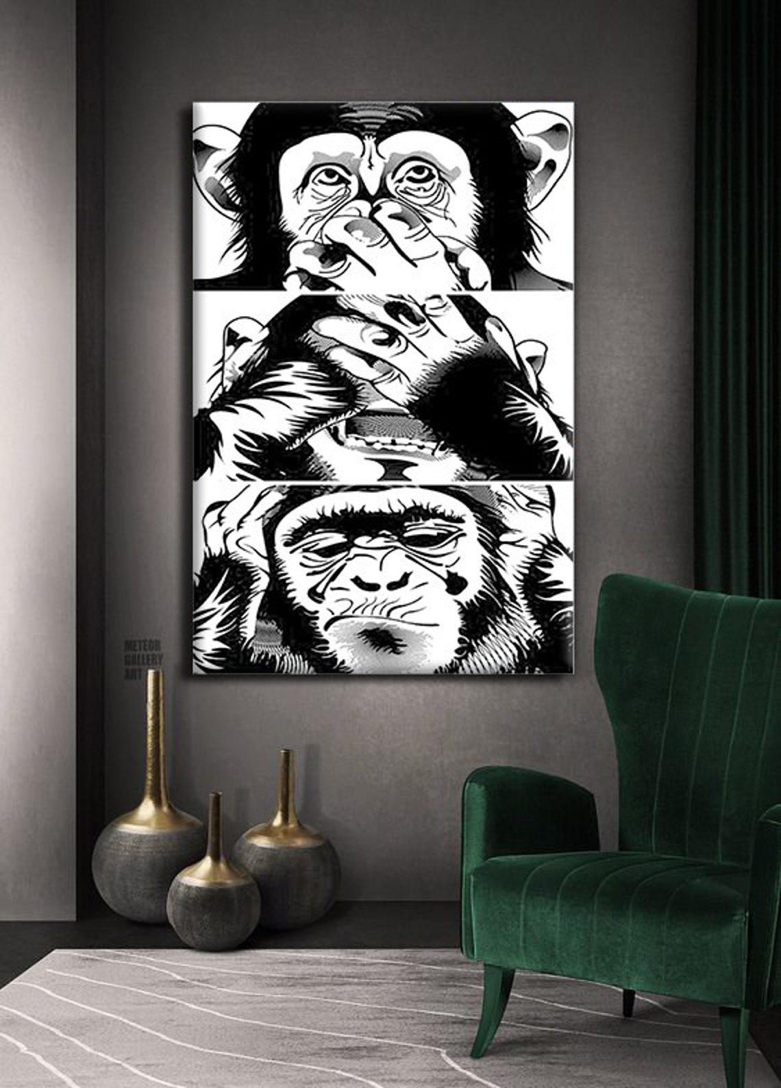 Three Wise Monkeys See Hear Speak No Evil Black White Art Poster - Image 3