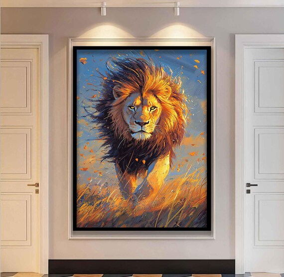 Walking Lion Oil Painting Fiery Mane Golden Grass Savannah Animal Art Poster