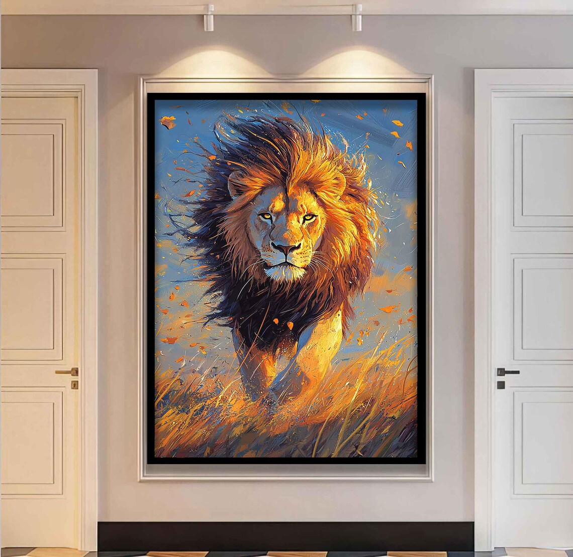Walking Lion Oil Painting Fiery Mane Golden Grass Savannah Animal Art Poster