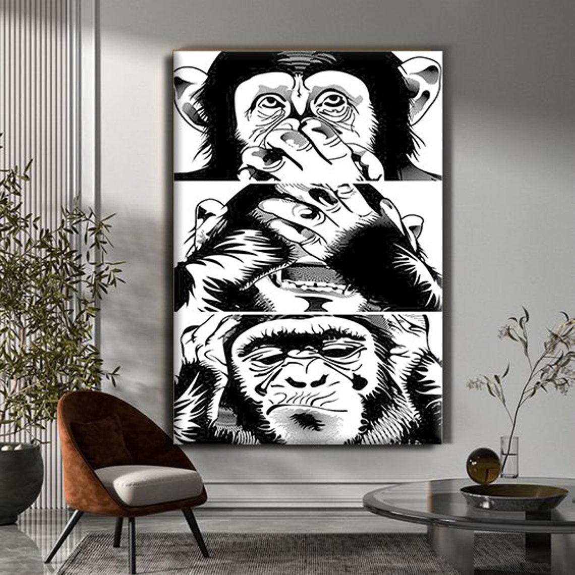 Three Wise Monkeys See Hear Speak No Evil Black White Art Poster - Image 2