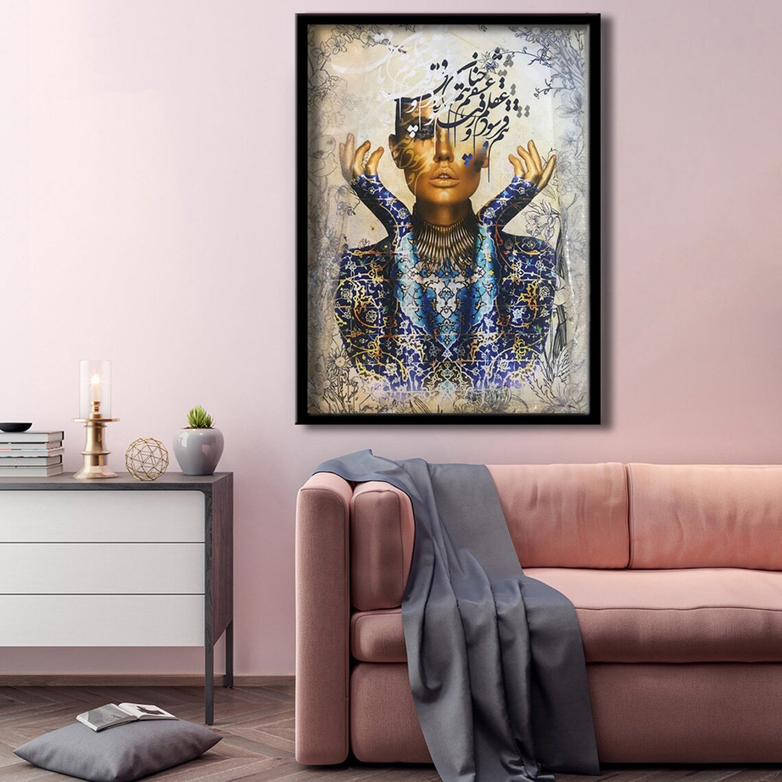 Arabian Woman Persian Calligraphy Face Blue Ornate Dress Art - Image 3