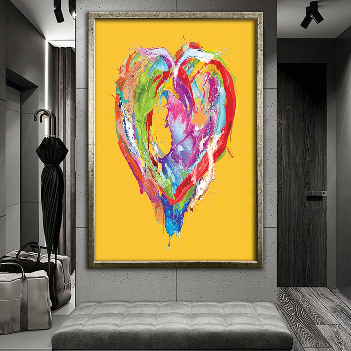 Colorful Abstract Paint Stroke Heart On Yellow Background Wall Art - Image 4