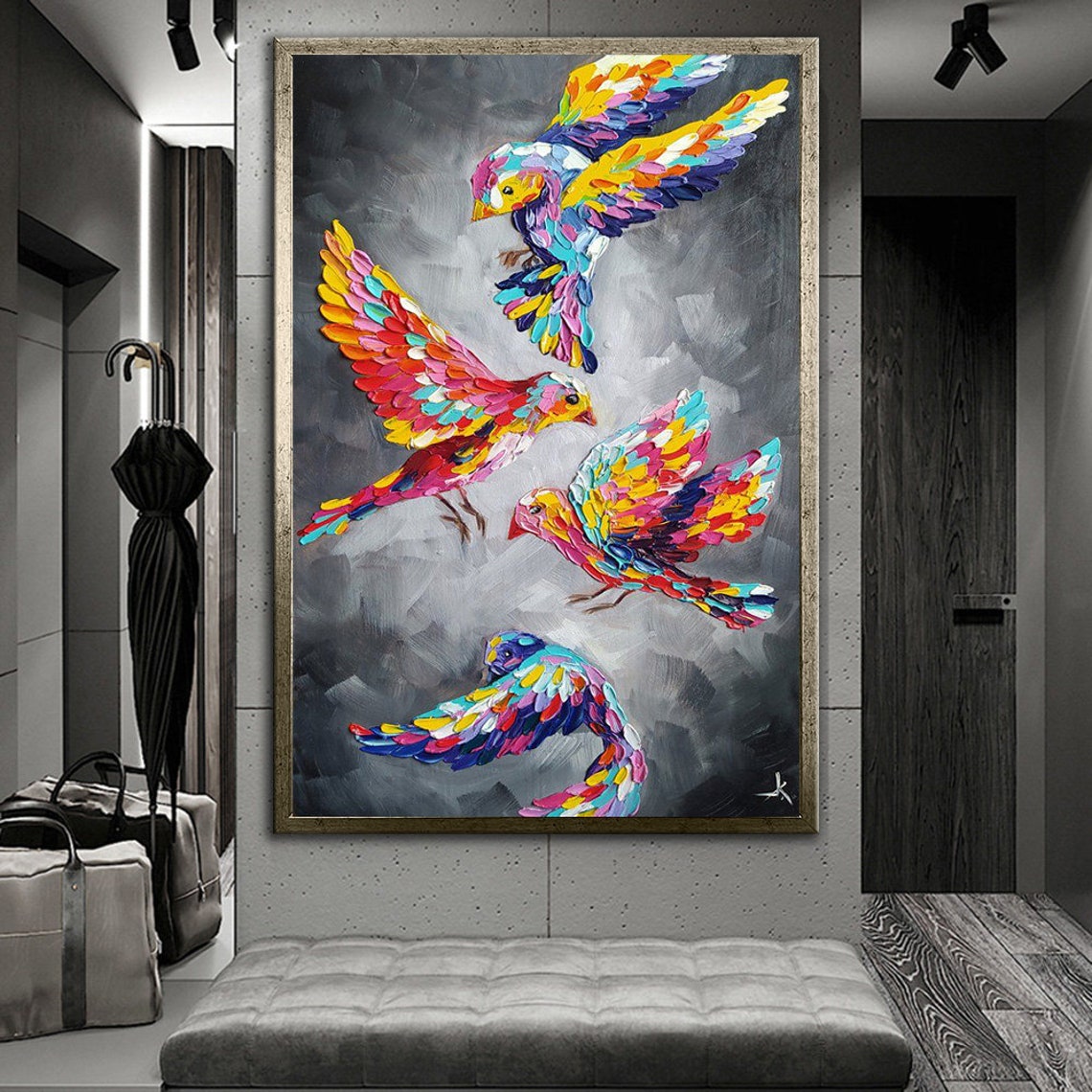 Four Colorful Flying Birds Rainbow Feathers Abstract Wildlife Wall Art - Image 4