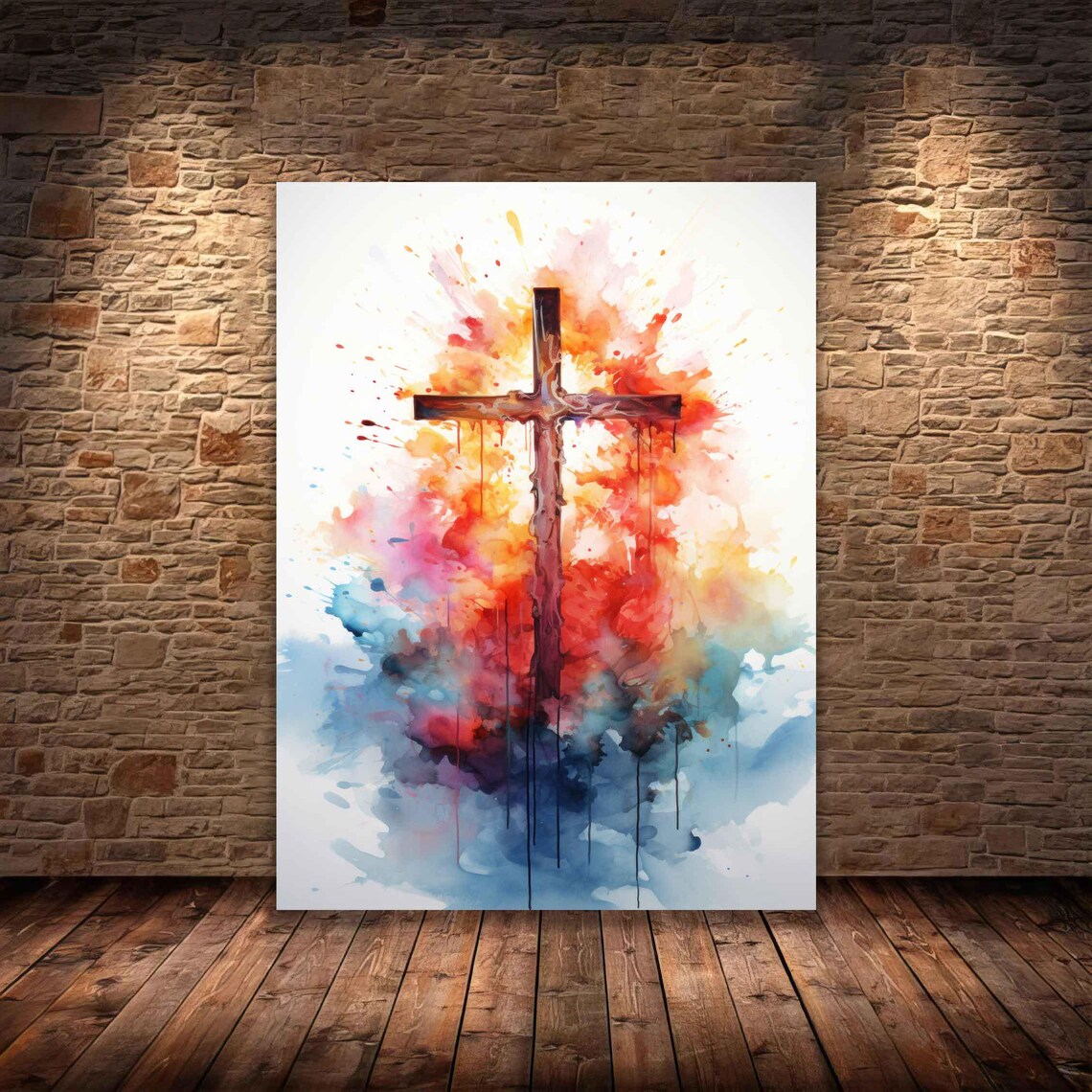 Christian Cross Watercolor Splash Vibrant Colorful Religious Wall Poster - Image 4