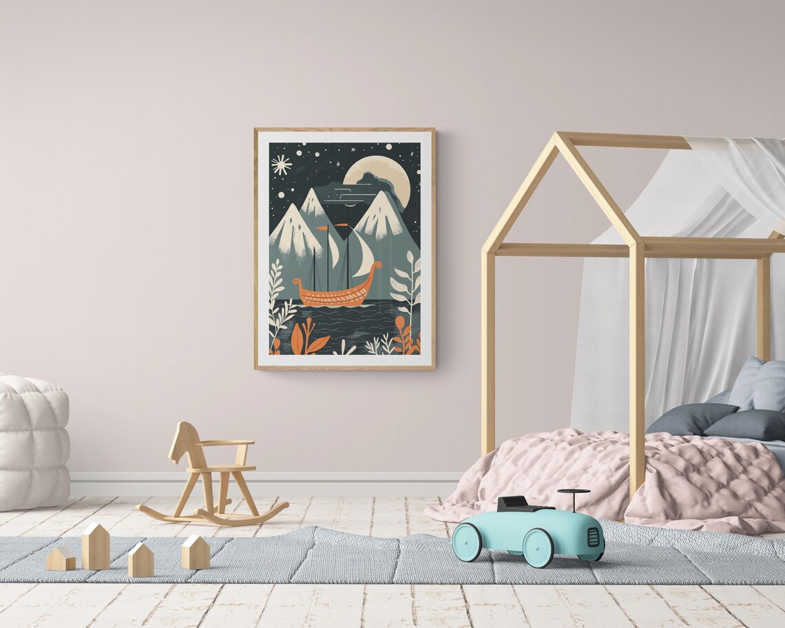 Nordic Folk Art Print Scandinavian Viking Ship Illustration Whimsical Bright Colorful Wall Art Decor - Image 2